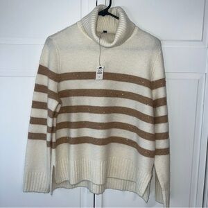 Talbots Women’s Cream Turtleneck Sweater with Tan Stripes